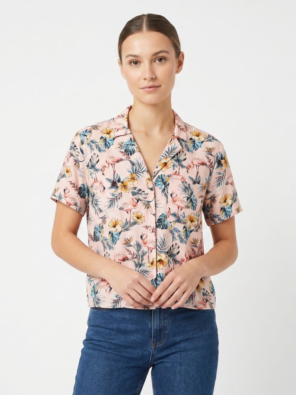 *George Palm Frond and Flamingo Pink Button up Blouse